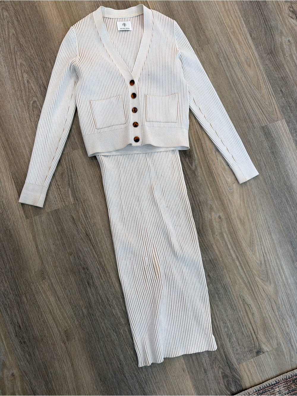 Anine Bing Ribbed Knit Cream Skirt & Cardigan Set